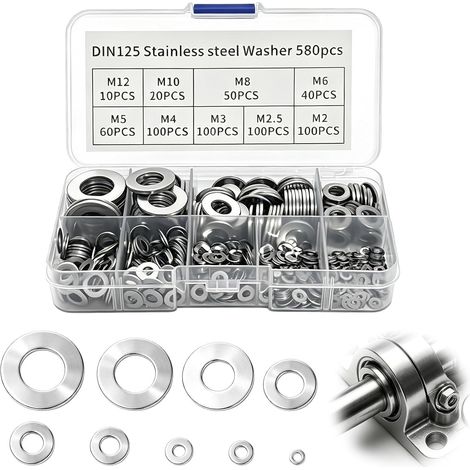 580 Joints d Étanchéité Inox M2 à M12 Rondelles Plates DIN125 Assortiment (1/5)