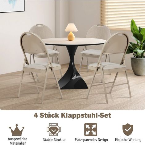 4 Beige Folding Chairs, Metal Frame, Padded Seat