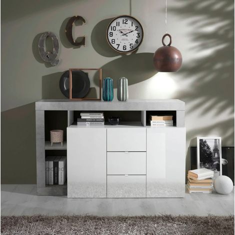 Buffet HAMBURG – Blanc laqué brillant / Béton (1/3)