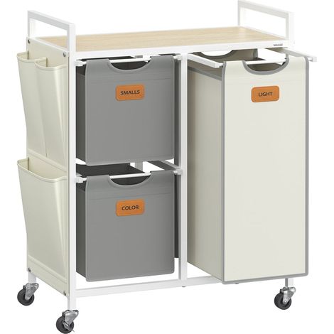 Cesto para ropa con 3 compartimentos capacidad de 100 litros contenedor con ruedas carro con estantes bolsa bolsillos laterales 6 etiquetas beige 20006655