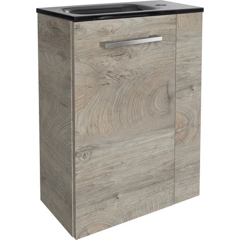 Fackelmann STANFORD SBC Gäste-WC Set 2 Teile – Waschtischunterschrank in Holz Braun mit Waschbecken aus Glas in Anthrazit – Waschbeckenunterschrank schmal – Türanschlag links – 45 cm breit"-"90091145 (1/4)