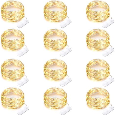 Confezione da 12 mini luci a stringa a batteria, lunghe 3 metri, con 30 LED, impermeabili, adatte per uso interno, luce bianca calda. (1/3)