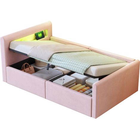 Lit enfant 90 x 200 cm en velours rose avec LED, veilleuse, USB, coffre hydraulique et tête de lit réversible, style sofa pour chambre moderne - CHICFURN (1/5)