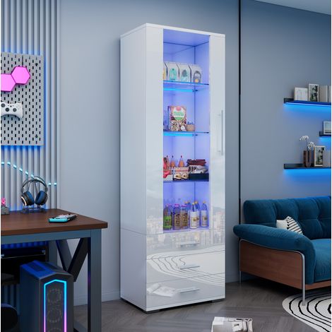 Vitrine 60x35x180 cm en MDF blanc, avec LED et rangement pour salon moderne, FLORAGRACE (1/5)