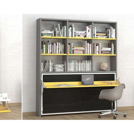 Lit escamotable 80x190 avec bureau et bibliothèque Spacio-Coffrage Gris anthracite-Façade Noyer (1/5)