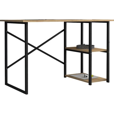 Mesa escritorio. Mesa de ordenador. Con 2 estantes. Estilo industrial. Estructura metálica negra y tablero melamina color roble Safir. (Alto 75 cm/Ancho 120 cm/Fondo 60 cm) (1/4)