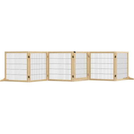 Cancelletto di sicurezza per cani con pedale, pieghevole in due direzioni, realizzato in pino e metallo, colore naturale, dimensioni: 432x36x70 cm, spedizione in loco. (1/5)
