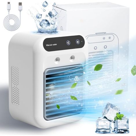 Mini climatiseur portable rechargeable de 25 W, ventilateur personnel à 2 vitesses et 2 modes de brumisation, idéal pour les petites pièces comme la chambre, le bureau ou l'extérieur. (1/5)