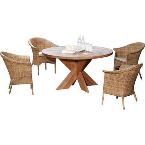 Sonnenpartner 5-teilige Sitzgruppe Cayman & Quantum Ø 120 cm Polyrattan natura-antik Teakholz Garten (1/3)