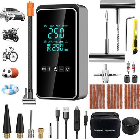Tragbarer Luftkompressor, Autoreifenfüller mit 25-teiligem Reifenreparaturset, kabellos, Mini-Elektropumpe für Auto, Motorrad, Fahrrad, Ball - XL (1/5)