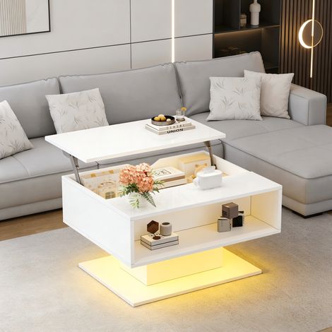 Mesa de centro elevable 80x75x40 cm blanca en tablero de partículas con LED y almacenaje (1/5)