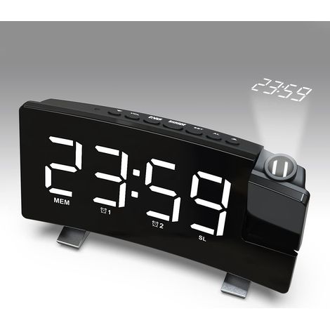 Réveil Projecteur Plafond 180°, Radio FM USB Horloge Numérique, Double Alarme, Minuterie Sommeil, Affichage 12/24H, Blanc (1/5)