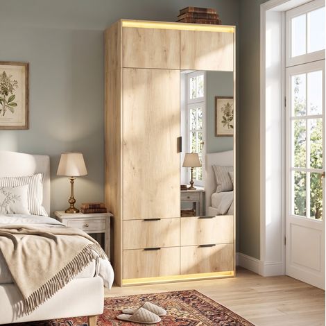Armario de 2 puertas con espejo y LED, 90 x 47 x 200 cm, 4 cajones, MDF, roble OKWISH (1/5)
