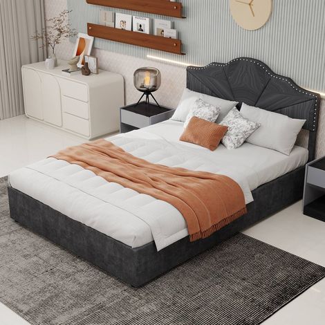 Lit coffre 160x200 cm gris moderne minimaliste tête molletonnée sans matelas (1/5)