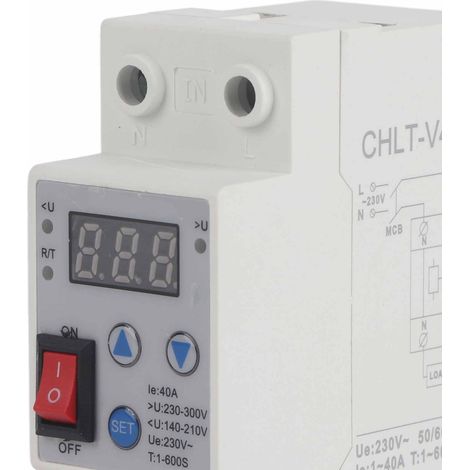 Überspannungs-, Unterspannungs- und Überstromschutzgerät, 40 A, mit einstellbarer Digitalanzeige und automatischer Rückstellung, für den Hausgebrauch (230 V). (1/5)