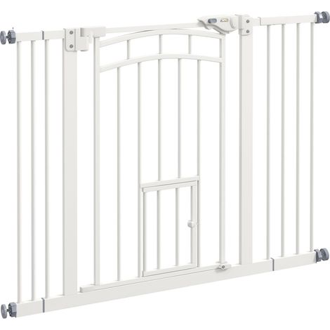 Barrière d'escalier pour chiens avec fermeture automatique et chatière, sans perçage, 74-100 cm, blanche Ce produit est