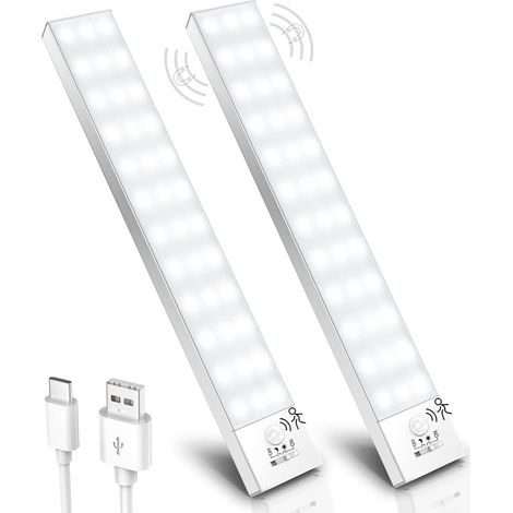 lumière blanche froide,2 Pack,Lampe de Placard, 5000K LED Cuisine Sous Meuble Detecteur de Mouvement 23CM 1000mAh 36 LEDs Lampe Aimantée Rechargeable USB Sans Fil pour Armoire Cuisine Veilleuse Escali (1/5)