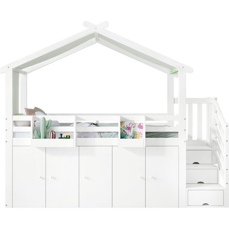 Cama litera infantil 90 x 200 cm con escalera de almacenamiento, barandillas, blanco y verde (1/5)