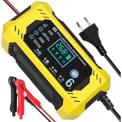 Chargeur de batterie intelligent 12 V 6 A, chargeur de batterie moto avec écran tactile LCD, chargeur de batterie portable et multi-réparations-