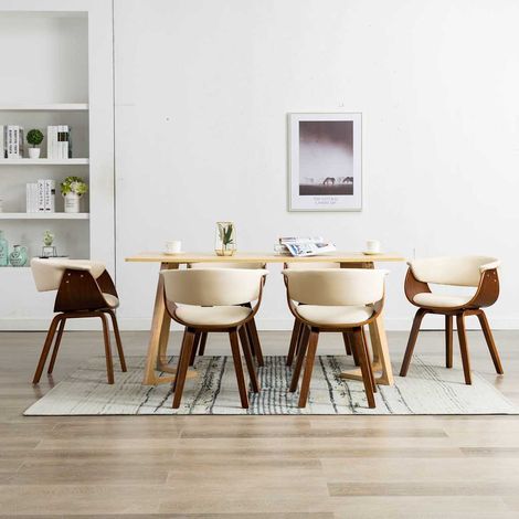 vidaXL Sillas de comedor 6 uds madera curvada y cuero sintético crema (1/5)