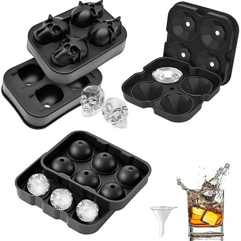 3 Piece Silicone Ice Cubes, Diamond Type, Skull Type, Six Grid Round, Ice Cube Tray Lid, for Cocktail Whiskey or Baby Food (Black) (1/5)