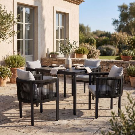 Wahson Lot de 4 Chaises de Jardin Exterieur avec Dossier en Corde Tressée, Fauteuils d'Extérieur avec Cadre en Métal, Chaise Exterieur pour Terrasse Cour Balcon, Gris (1/5)