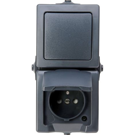 Combinaison 2 Prises (Prise de Contact Centrale avec clapet et Protection Accrue Contre Les Contacts et Interrupteur Universel), Montage en saillie pour pièces humides, IP44,