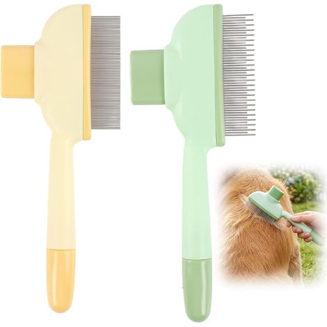 Self Cleaning Dog Cat Brush - Shedding Hair Comb with Button - Stainless Steel Teeth - Long Hair and Undercoat - 2 Pack (1/5)