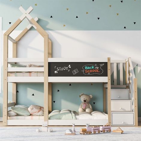 Lit superposé enfant 90x200 Cabane avec tiroirs et tableau noir, sommier à lattes, pin/MDF, blanc (257x96x209) (1/5)