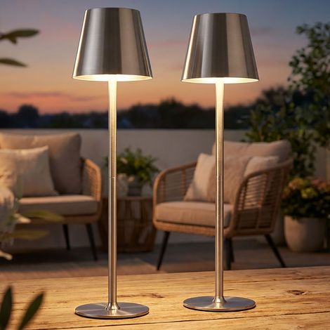 Lampada da tavolo a LED per esterni regolabile in altezza lampada da tavolo touch dimmer luce di lettura batteria balcone, metallo nichel, IP44, 3W 130Lm bianco caldo, DxH 11,2x47 cm, set di 2 (1/5)