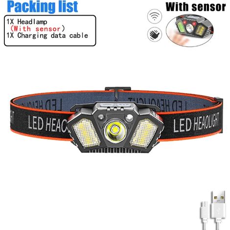 (Lampe à capteur B) Lampe frontale puissante et portable à capteur LED, rechargeable par USB, idéale pour le camping, la pêche et les situations d'urgence. (1/5)
