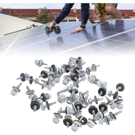 Tornillos hexagonales blancos autorroscantes para techos con junta de EPDM – Paquete de 300 tornillos para metal y madera + broca hexagonal (1/5)