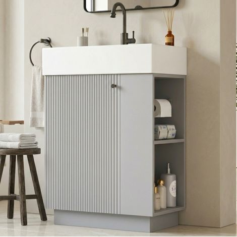 Mobile sottolavabo bagno 55x32x87 cm, con lavabo in ceramica, porta carta igienica rimovibile, MDF grigio (1/5)
