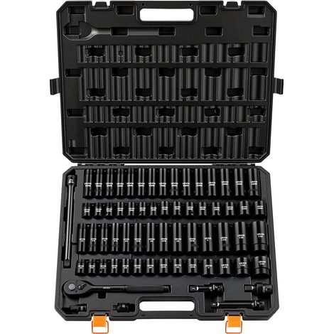 Jeu de Douilles à Choc 1/2", 65 PCS, Coffret de Douilles à 6 Pans, Métriques 10-24 mm, SAE 3/8" à 1-1/4",  en Acier Allié Cr-V, avec Mallette de Rangement, pour Réparation Automobile, Brigolage (1/5)