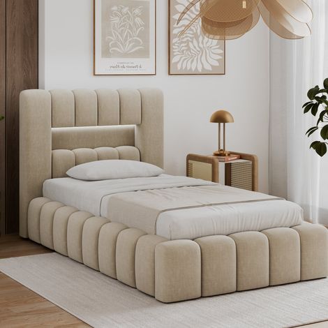 Cama con cajón de 90 x 200, con somier y luces LED incluidas, modelo Auria, terciopelo beige (1/5)
