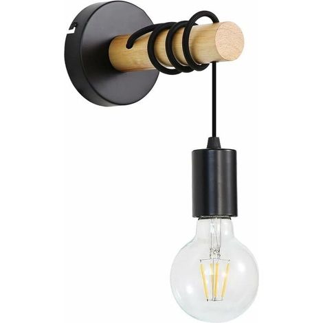 Lampada da parete vintage in legno, applique industriale retrò, lampada da parete sospesa con base rotonda in metallo, illuminazione da parete nera per interni E27 (senza lampadine) (1/5)