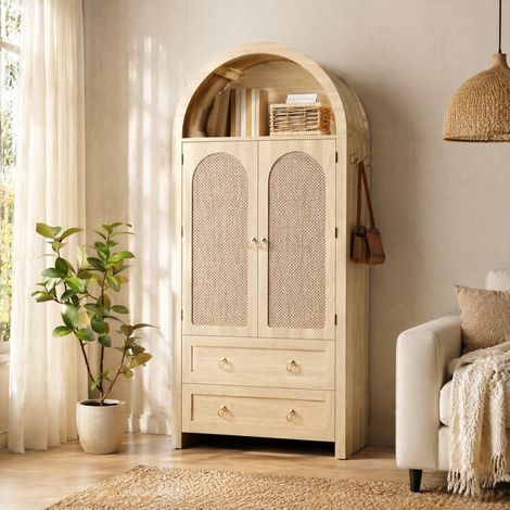 Vetrina contenitore con ante in rattan, 2 cassetti, 80 x 40 x 180 cm, rovere DESVIAE (1/5)