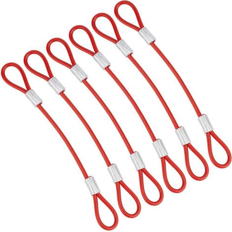 6x Stahlseil mit Schlaufen 15,5cm, 3mm Durchmesser, Rot Beschichtet