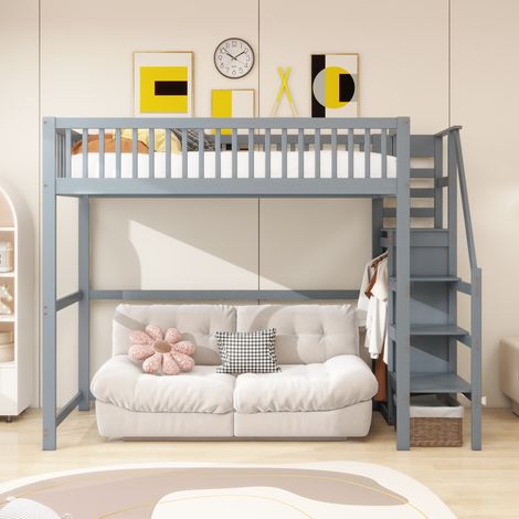 Letto per bambini 90x200cm, letto a soppalco con armadio, letto in legno, protezione anticaduta, senza materasso, grigio