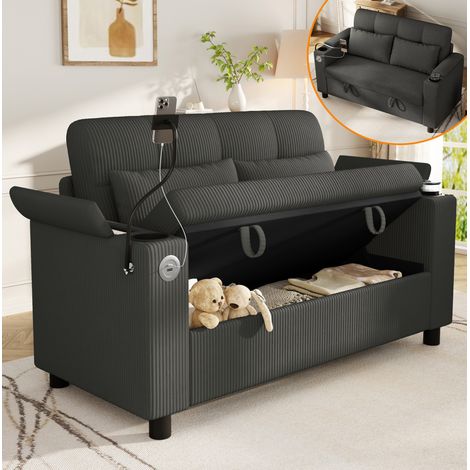 Canapé droit 2 places 136,5x79,5x83,6 cm avec rangement, USB, Type-C et porte-gobelets, velours côtelé gris (1/5)
