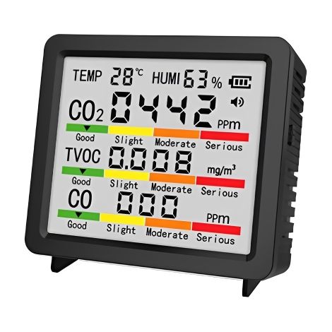 Monitor multifuncional, mide CO2 y COVT, temperatura y humedad, indicador de color, fuente de alimentación dual.