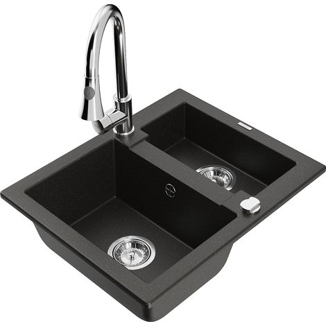 Mexen Carlos 1,5-Becken-Granitspüle mit Mischbatterie Elia, Schwarz/Gold metallisch - 6518-75-670101