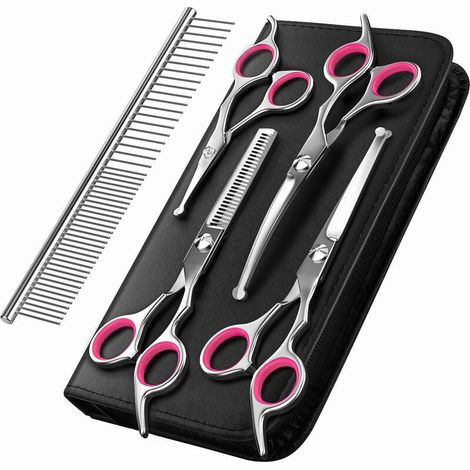Dog Grooming Scissors, 5 Piece Titanium Coated Stainless Steel Pet Grooming Tool Set, Thinning/Straight/Curved Shears and Comb - Pink (1/5)