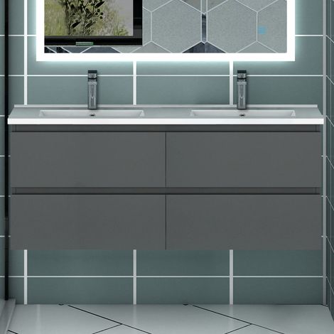 Ocean Sanitaire – Ensemble de meubles de salle de bain anthracite 2 tiroirs 120x46x52cm – Meuble sous vasque en MDF – Double vasque en céramique (1/5)