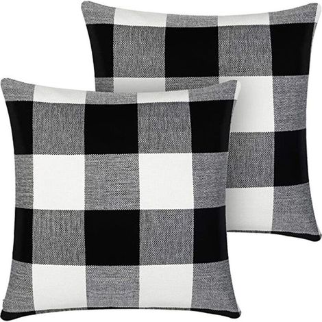 Lot de 2 housses de coussin à carreaux de buffle, taie d'oreiller carrée en polyester noir et blanc pour décoration de maison, de Pâques, canapé, lit de voiture, 45,7 x 45,7 cm
