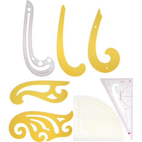 Kit de 7 règles de couture : gabarits de dessin technique (courbes françaises, formes droites et arcs) pour la conception de costumes et vêtements. (1/5)