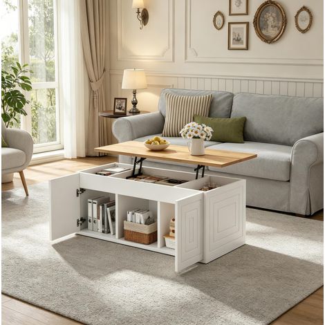 Mesa de centro elevable de tablero de partículas blanca y natural 95 cm con almacenaje y 2 puertas (1/5)