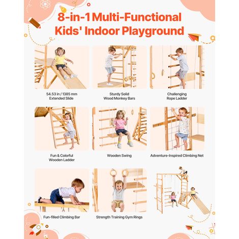Aire de Jeux Intérieure en Bois 8-en-1, avec Toboggan, Balançoire, Barre de Singe, Anneaux de Gymnastique, Échelle en Bois/Corde, F… (1/5)