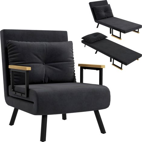 Einzel-Sesselbett, das sich in ein Sofa verwandeln lässt, 5 Rückenlehnenpositionen, schwarzer Samtbezug, Armlehnen aus Holz und inklusive Kissen