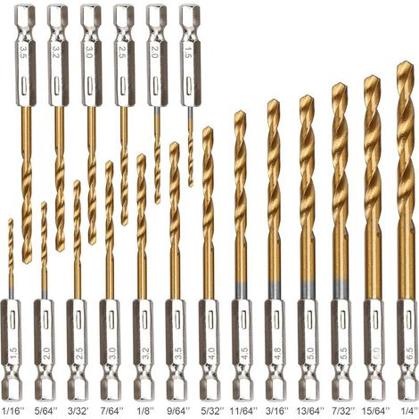 Ensemble de 19 forets hexagonaux, en titane et acier rapide HSS, à changement rapide, pour le bois (1/16"-1/4"). (1/5)